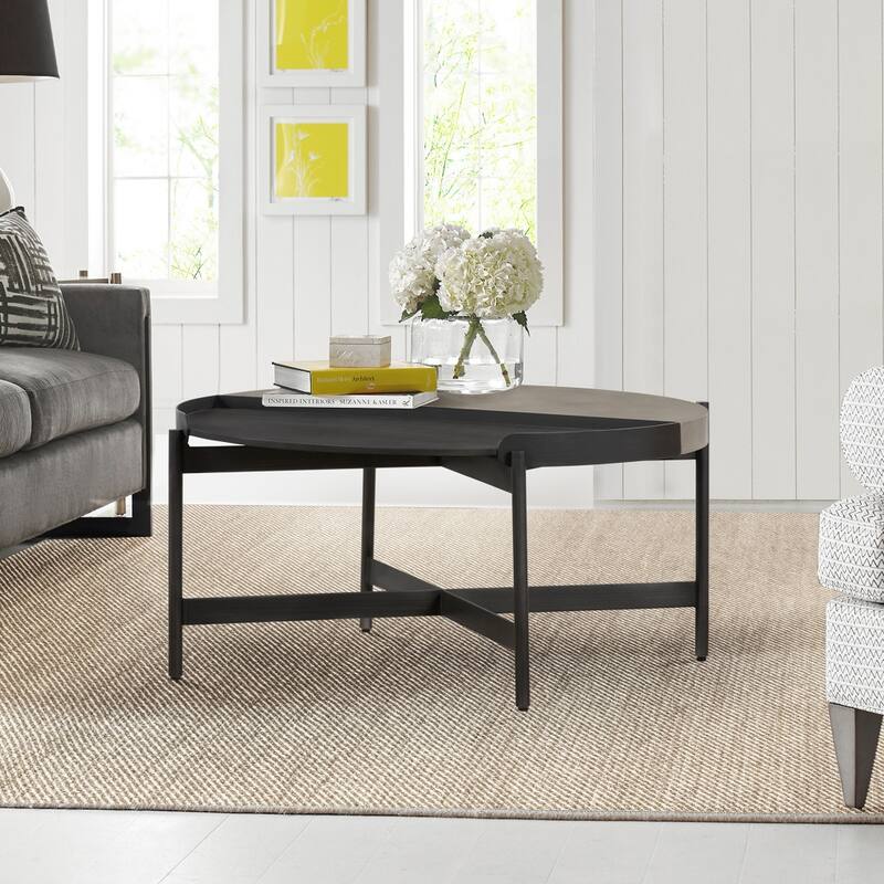 HomeRoots 32" Black and Gray And Black Concrete And Metal Round Coffee Table - 32