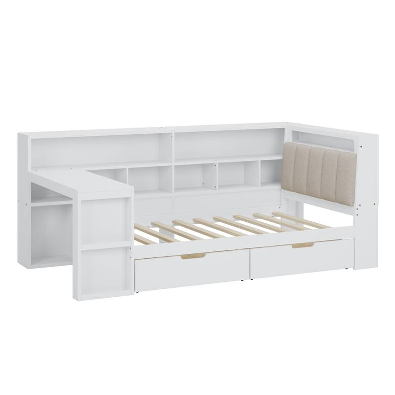 Wood Daybed L-shaped Bookcase Bed with Under-Bed Drawers and Side Bookshelf, Platform Daybed with Desk and Padded Headboard