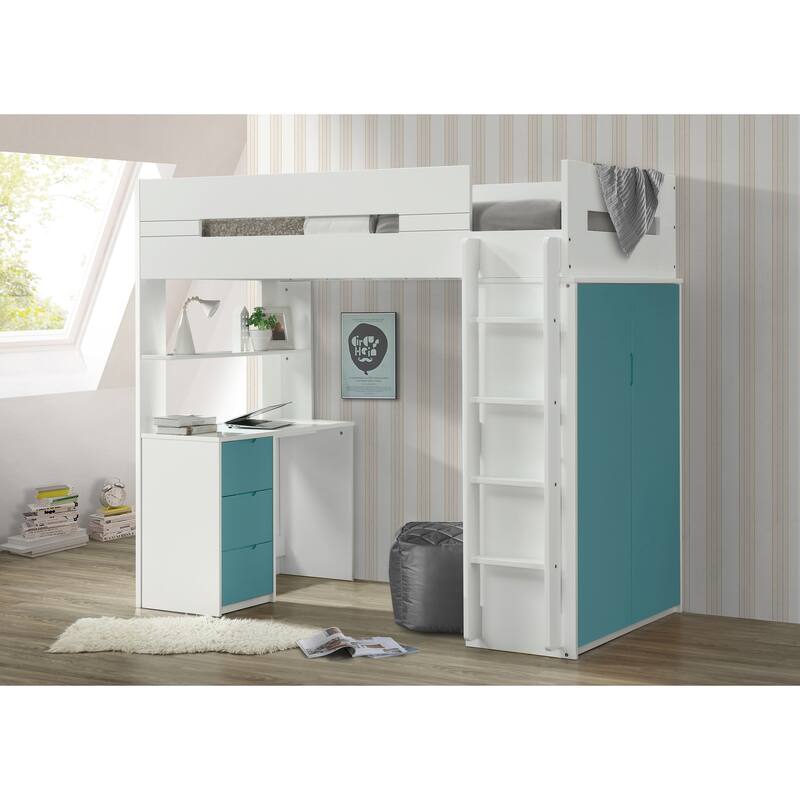 Spivey Twin Loft Bed with Built-in Desk - White/Teal