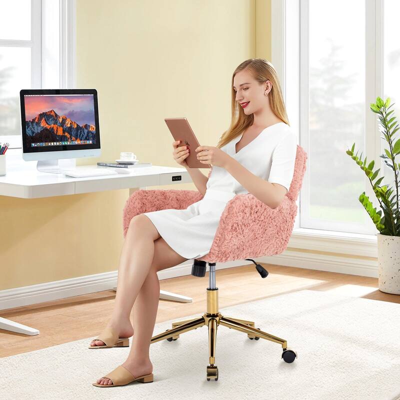 Upholstered Office Chair with Adjustable 360 Swivel Golden Base - Pink