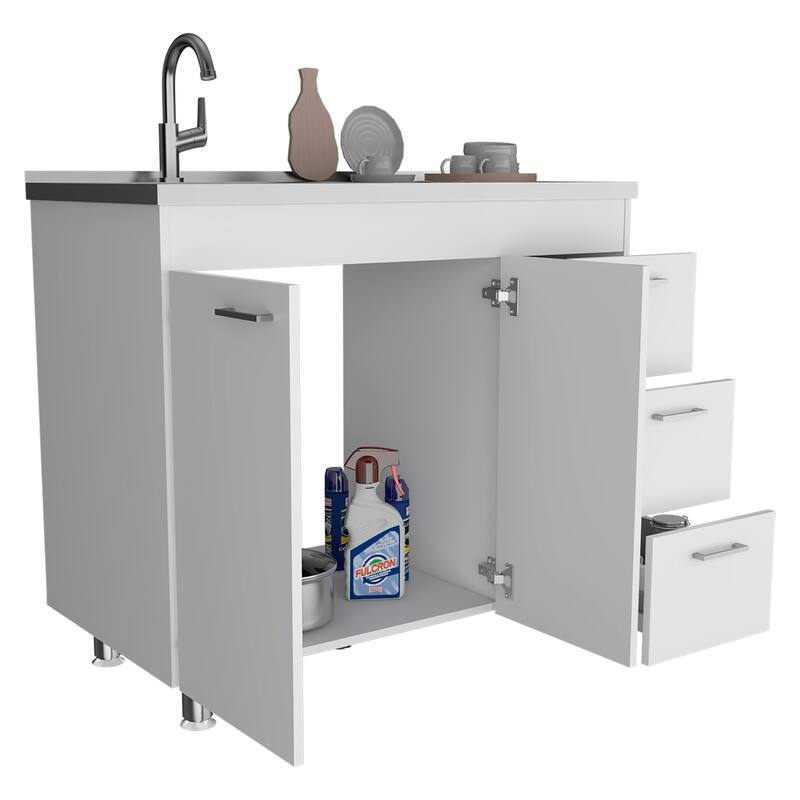 39-inch Wide Double Door Utility Sink cabinet with 3 Drawers - N/A