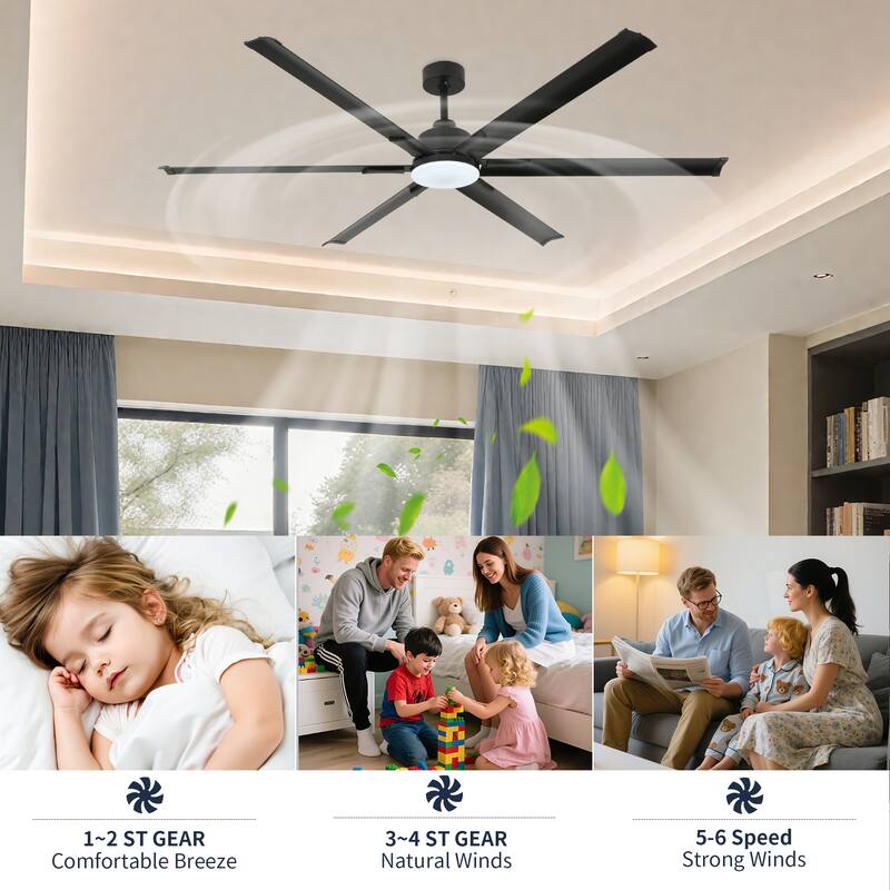 60"/72"/84" Black Modern Downrod Mount Ceiling Fan with LED Light, 6 Aluminum Blades, DC Motor, 6 Speed Reversible