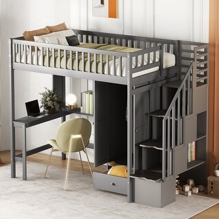 Gray Twin Size Loft Bed with Storage Stairs, Desk and Wardrobe, Stairway High LoftBed with Bookshelf & Drawers, Wooden Bedframe