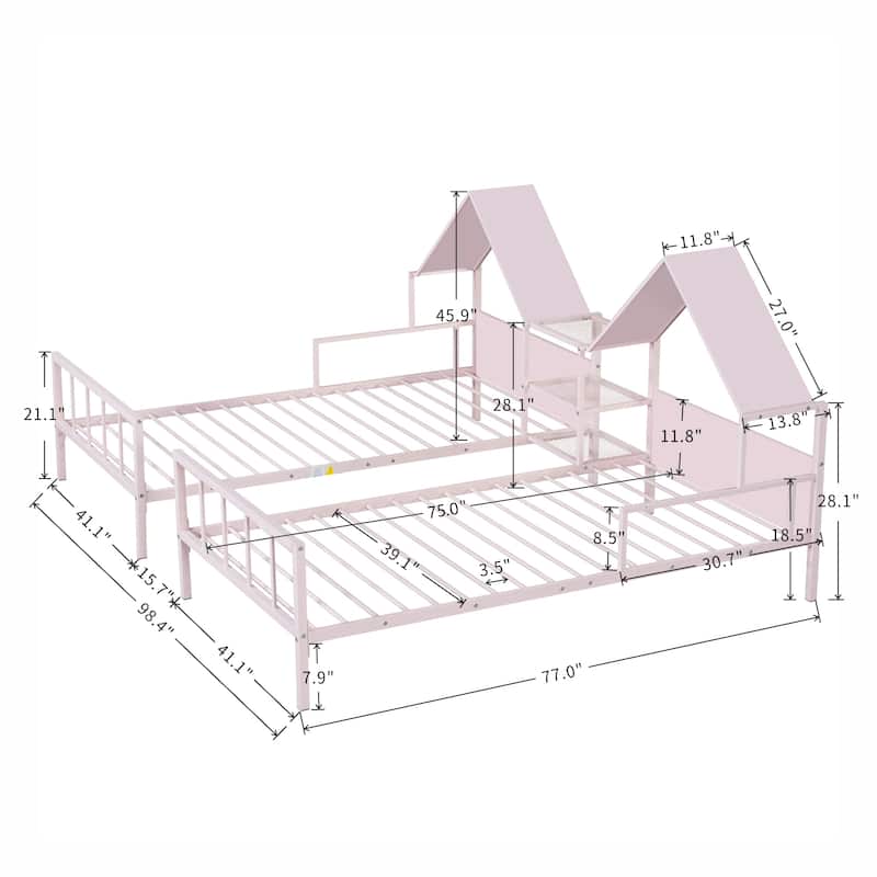 Merax Metal Double Twin Size Platform Bed with a Built-in Nightstand