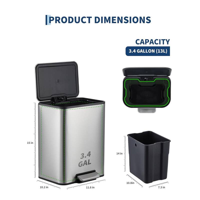 3.4-Gallon Rectangular Step Trash Can Stainless Steel with Soft-Close Lid and Removable Bucket Silver