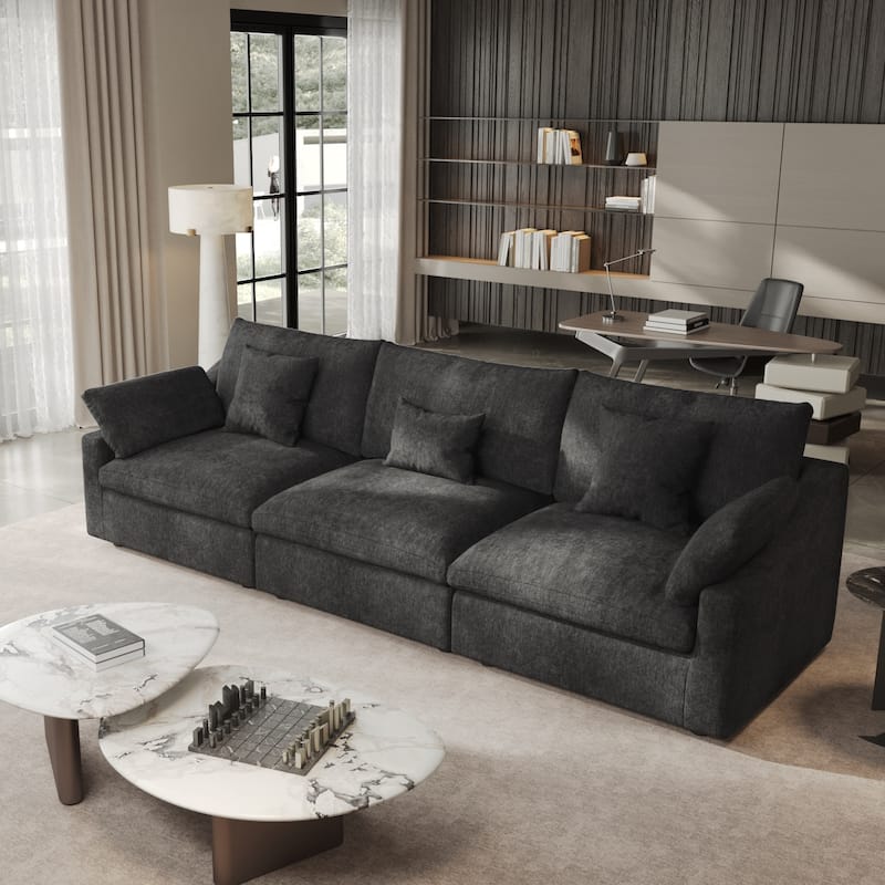 Modern Comfy Linen Sectional Sofa 3-Seater Down Filled Cloud Couch - Black