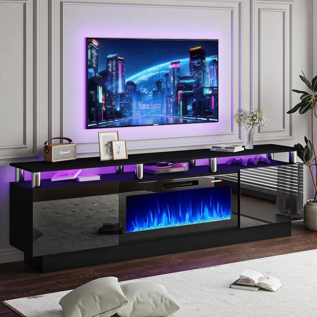 BOSSIN 80" TV Stand Entertainment Center with 36" Electric Fireplace, for TVs up to 90", High Gloss Cabinet with LED Light