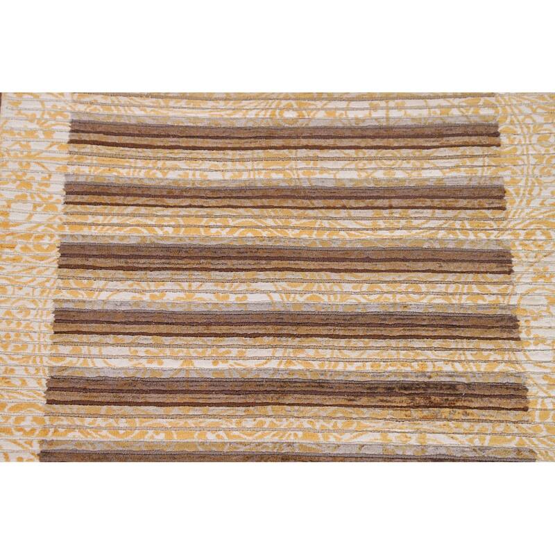 Striped Modern Abstract Accent Rug Handmade Yellow Wool Carpet - 2'9"x 4'10"