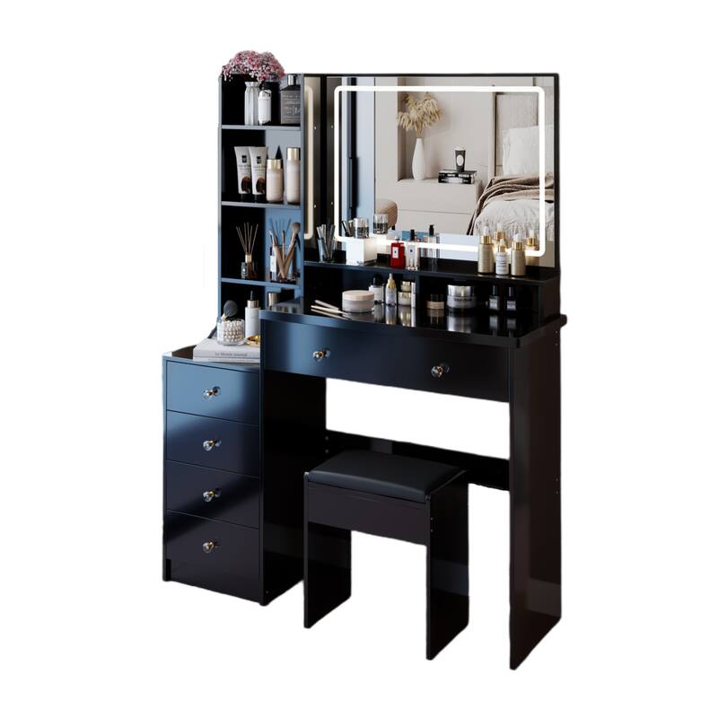 41" Large Vanity Set with 3-Color LED Mirror and Cushioned Stool