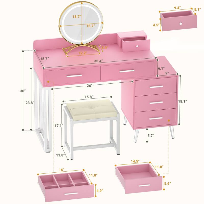 Makeup Vanity Desk with Stool and LED Mirror, Modern Makeup Table Vanity Desk with 6 Storage Drawers