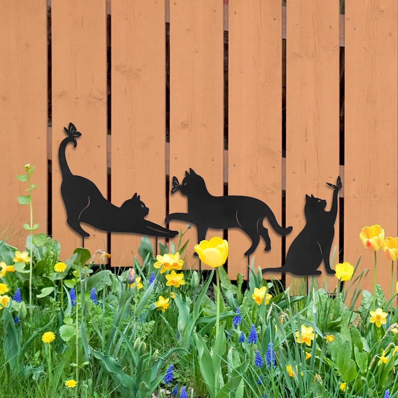 Glitzhome 2-in-1 Halloween Black Metal Rabbit Silhouette Yard Stakes Wall Decor (Set of 3) - Cat
