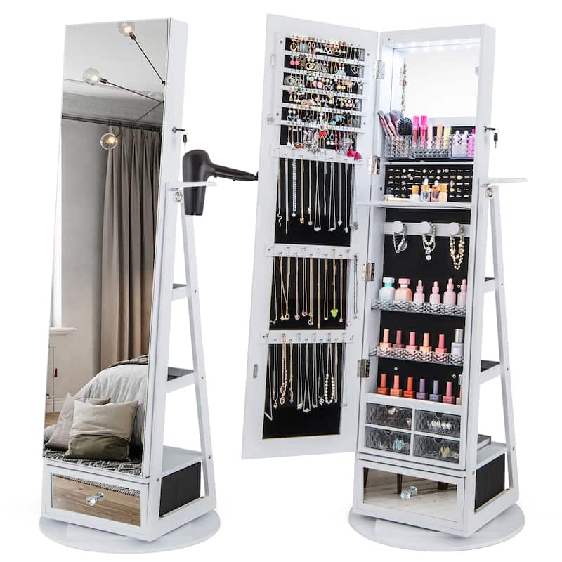 Gymax Swivel Jewelry Cabinet Full Length Mirror w/Built-in Lights - White