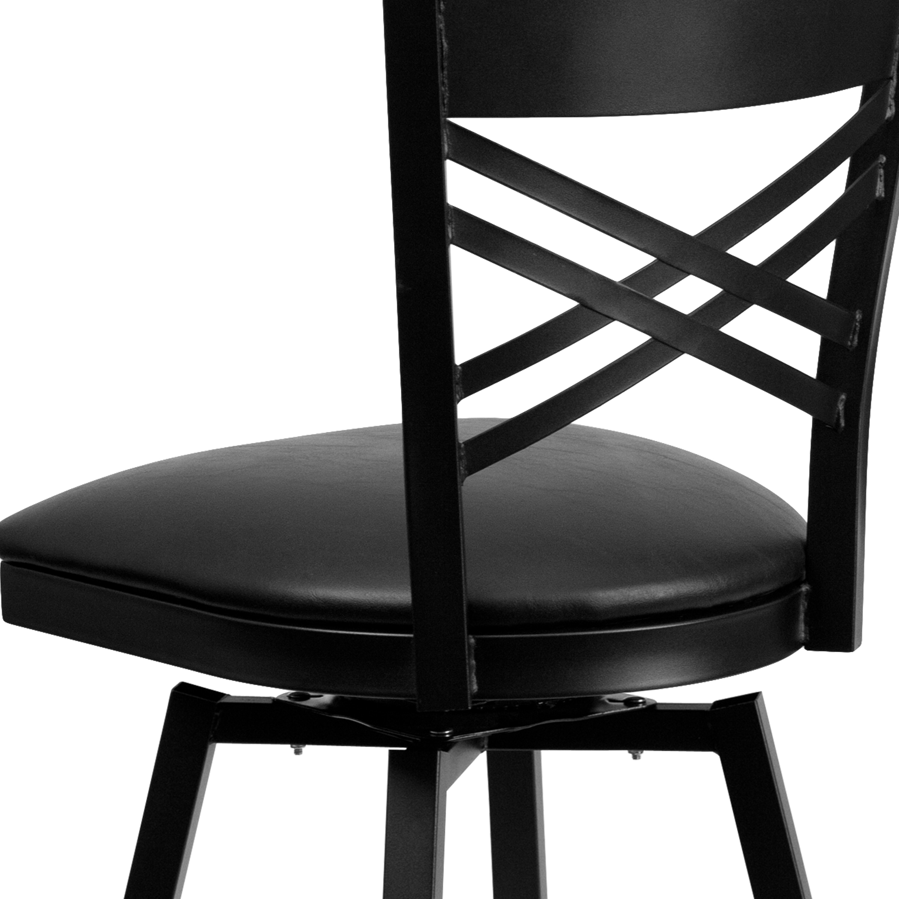 Close-up view of the black X-back design and padded seat of the barstool.