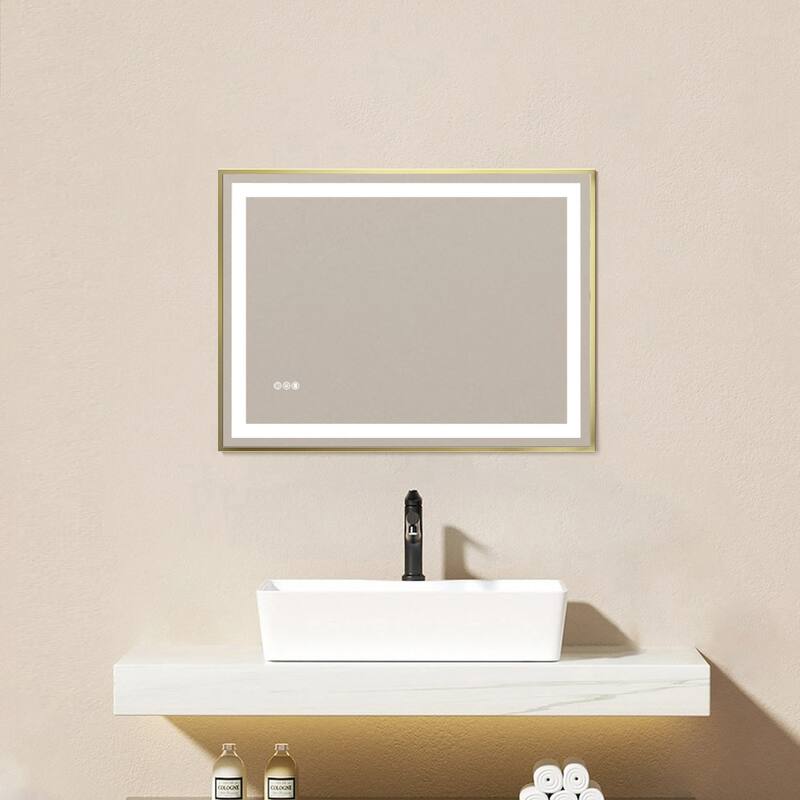 Topcraft Gold Framed Tempered Glass Mirror with Dual LED Strip Lighting