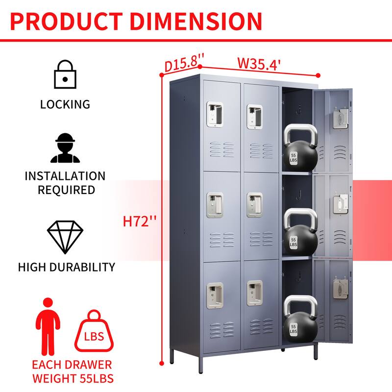 9 Door 72"H Metal Lockers With Lock
