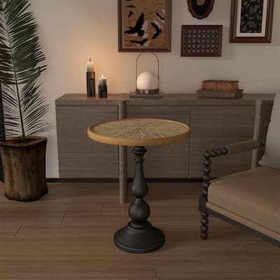 Wooden Round Side Table - Vintage Pedestal End Table for Living Room, Farmhouse Accent Table