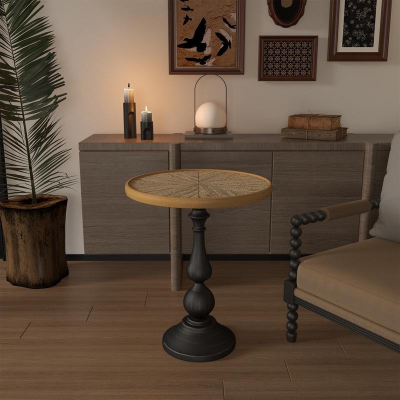 Wooden Round Side Table - Vintage Pedestal End Table for Living Room, Farmhouse Accent Table - Natural Wood