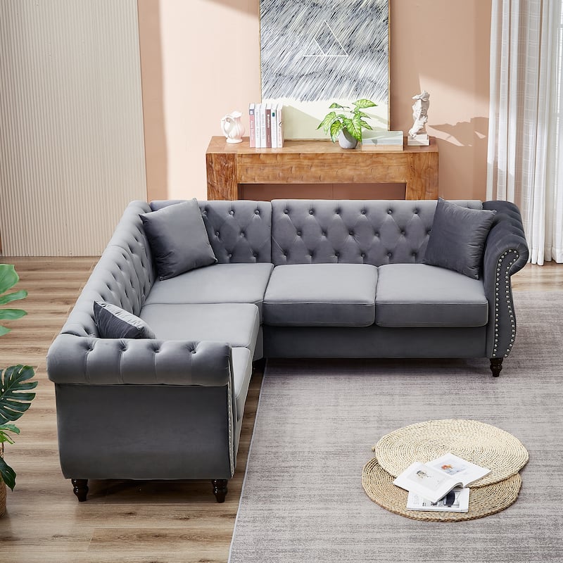 83.5" Mid Century Modern Tufted Velvet Symmetrical Corner Sectional Sofa for Living Room,Sofa-Deep Seating,Nailheads Desige
