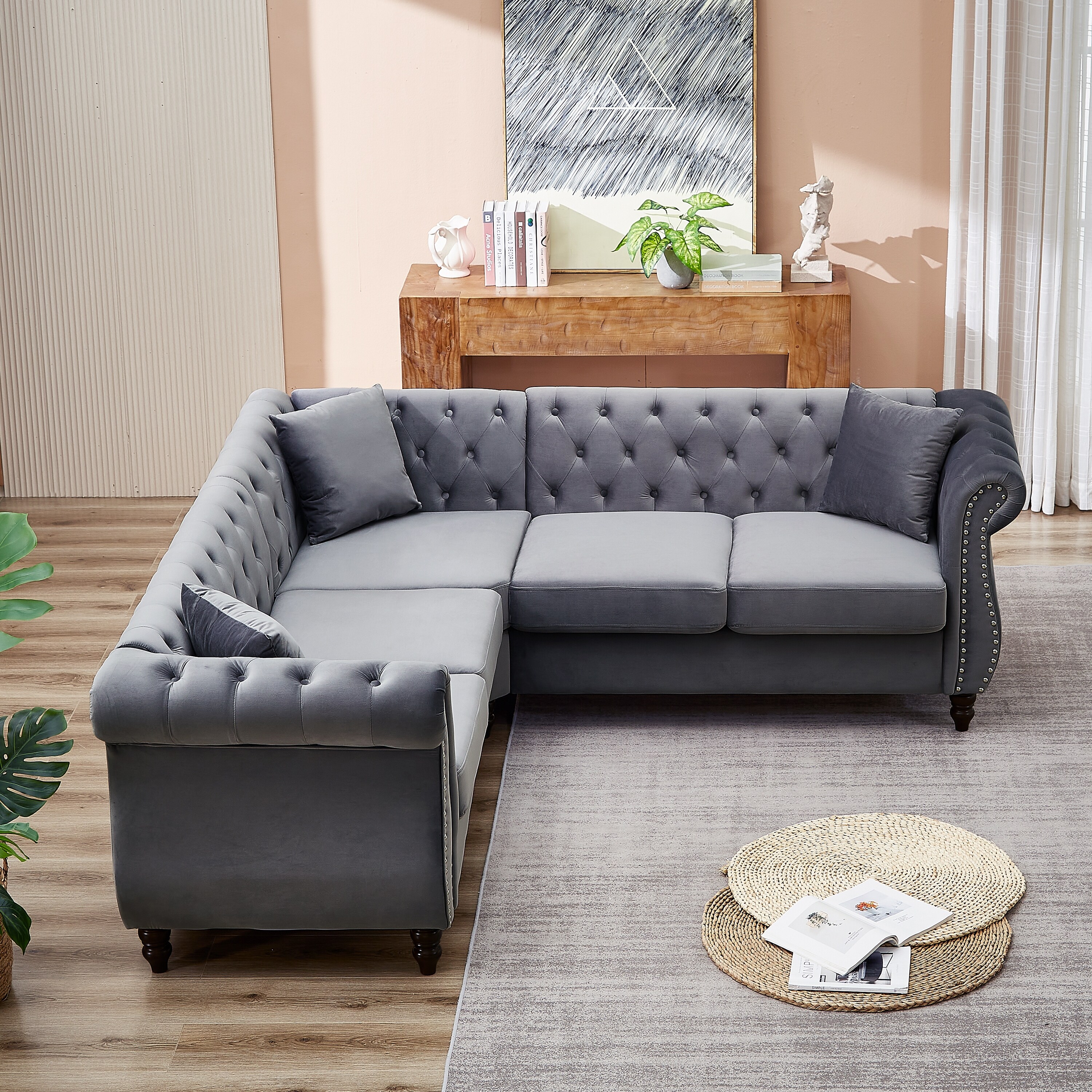 Living Room Sectional Sofa Sets Gray L Shaped Corner Sofa 5 Seater