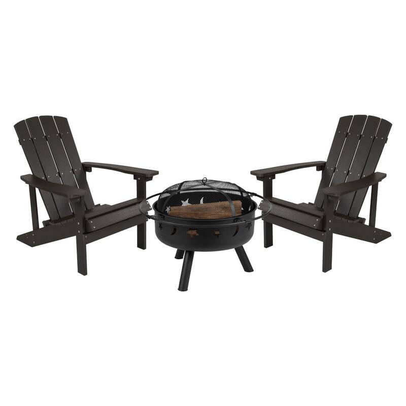 Star and Moon Fire Pit with Mesh Cover & 2 Poly Resin Adirondack Chairs
