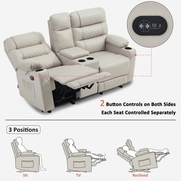 MCombo Electric Power Loveseat Recliner with Console, Power Reclining Sofa with Heat and Vibration, USB Ports, Cup Holders PR624