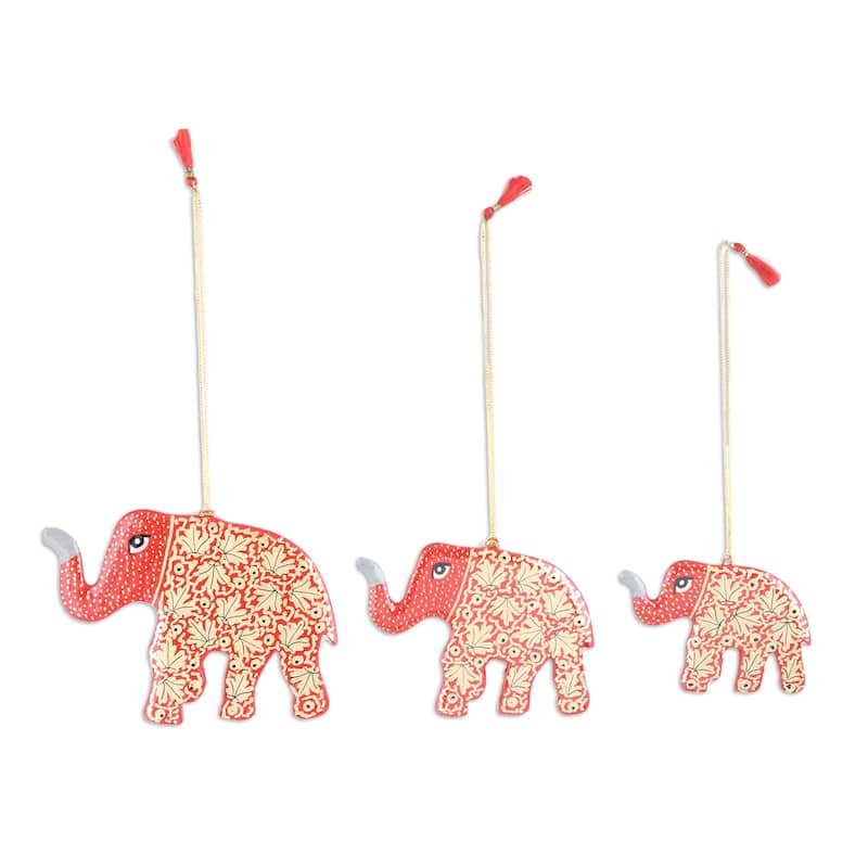 Novica Handmade Kashmir Elephants Wood Ornaments (Set Of 3)