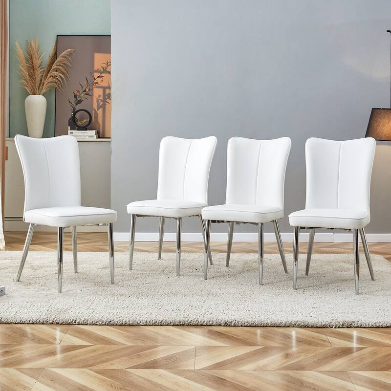 Leather Padded Chair White Side Chair Office Chair Dressing Chair Dining Chair Set of 4 with Metal Legs - White Silver