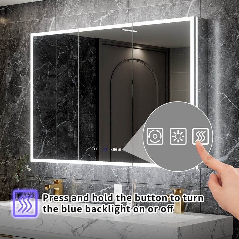 MEDUNJESS Triple Opening Frameless Demist Bathroom Mirror Cabinet - 48x32T