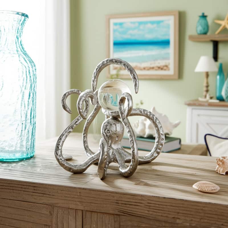 Metal Glass Figurine Octopus Design Metallic Coastal Style - 7" Silver - 7.75" x 7" x 7"
