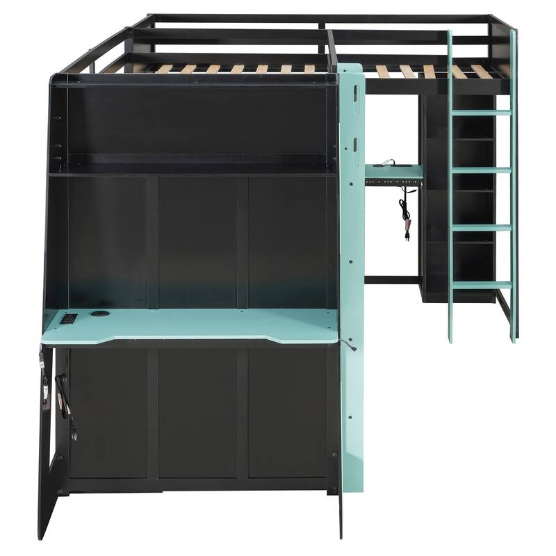 L-shaped Bunk Bed Twin Size Gaming Loft Bed with Desks, TV Stand, Shelves, Light Strip, Charging Station and Reversible Layout