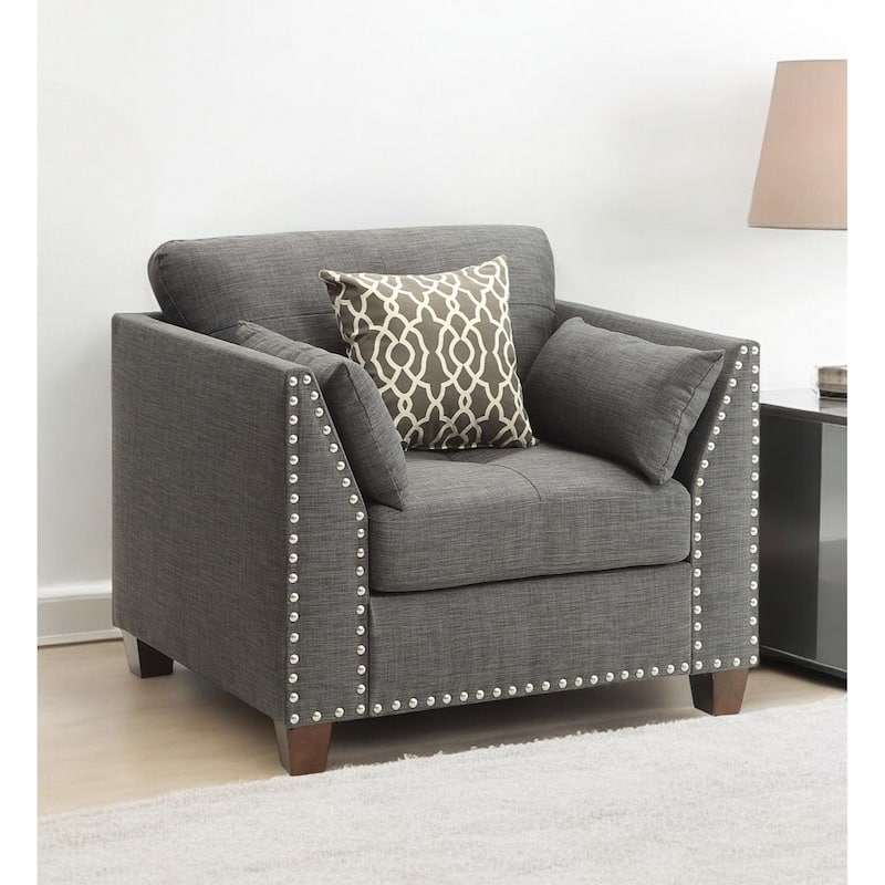 34 Inch Charcoal Linen Arm Chair with Brown Accents and Toss Pillows - 34” x 31” x 35”