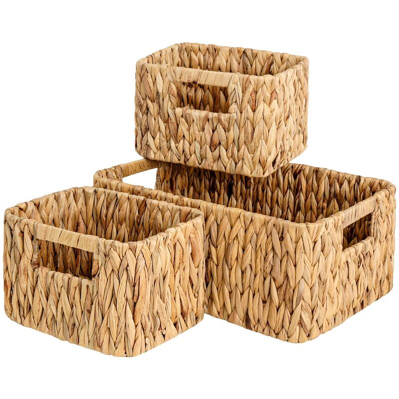 Water Hyacinth Storage Baskets Set of 3, Wicker Baskets with Handles for Bedroom, Bathroom, Pantry, Shelves - Style 1