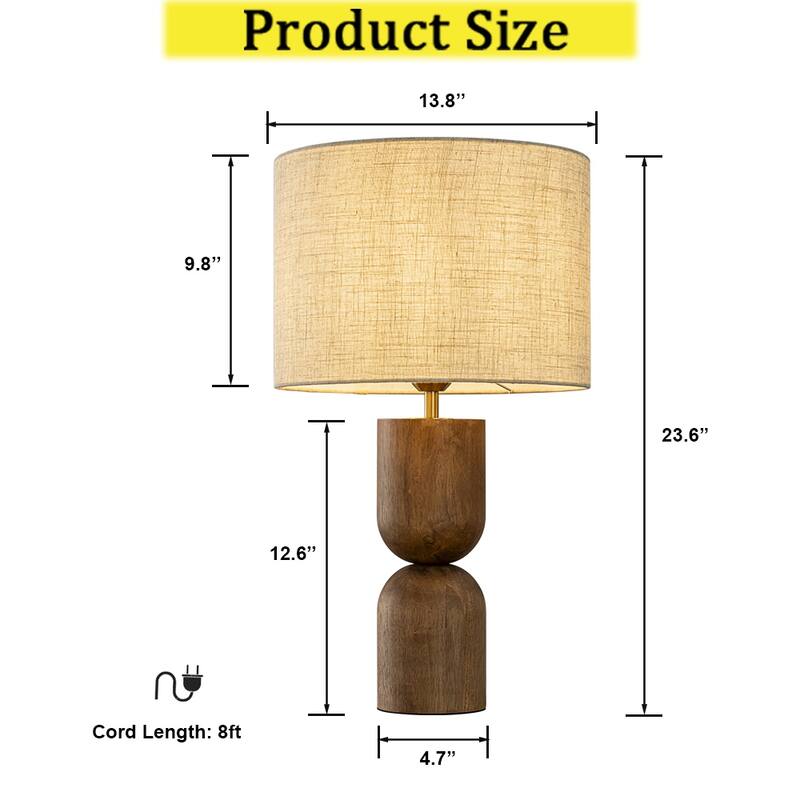 CraftHome Japandi Honey Brown Wood Modern Classic Nightstand Lamp with Beige Linen Fabric Shade for Bedroom, Living Room - W14''
