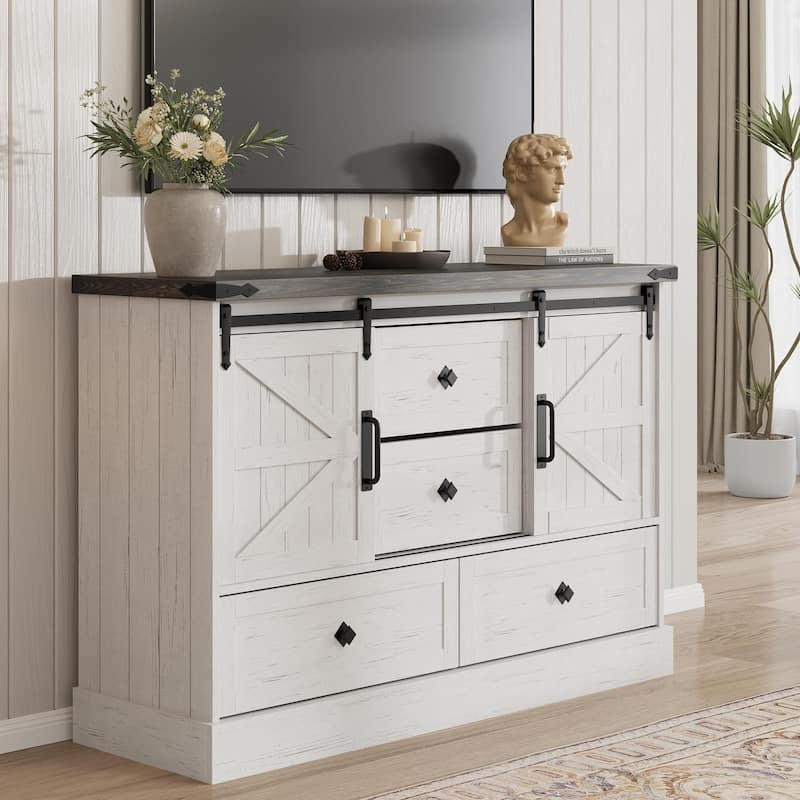 Television Stands with Large 4 Drawers, Farmhouse Wood - White