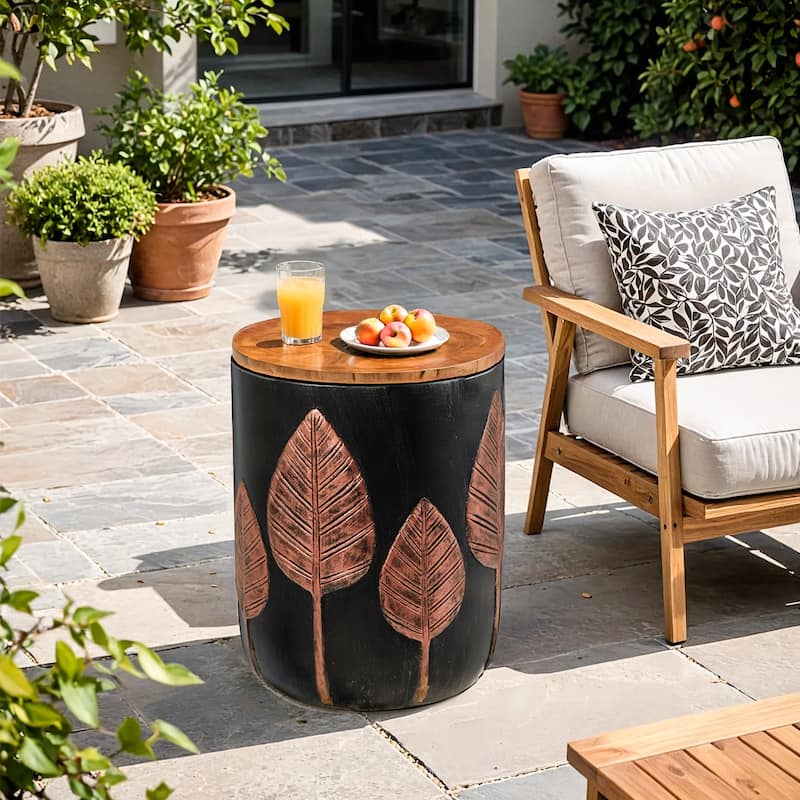 EROMMY Outdoor Side Table with Storage, Round Accent Table for Indoor and Outdoor Use, Rustic Side Table with Storage