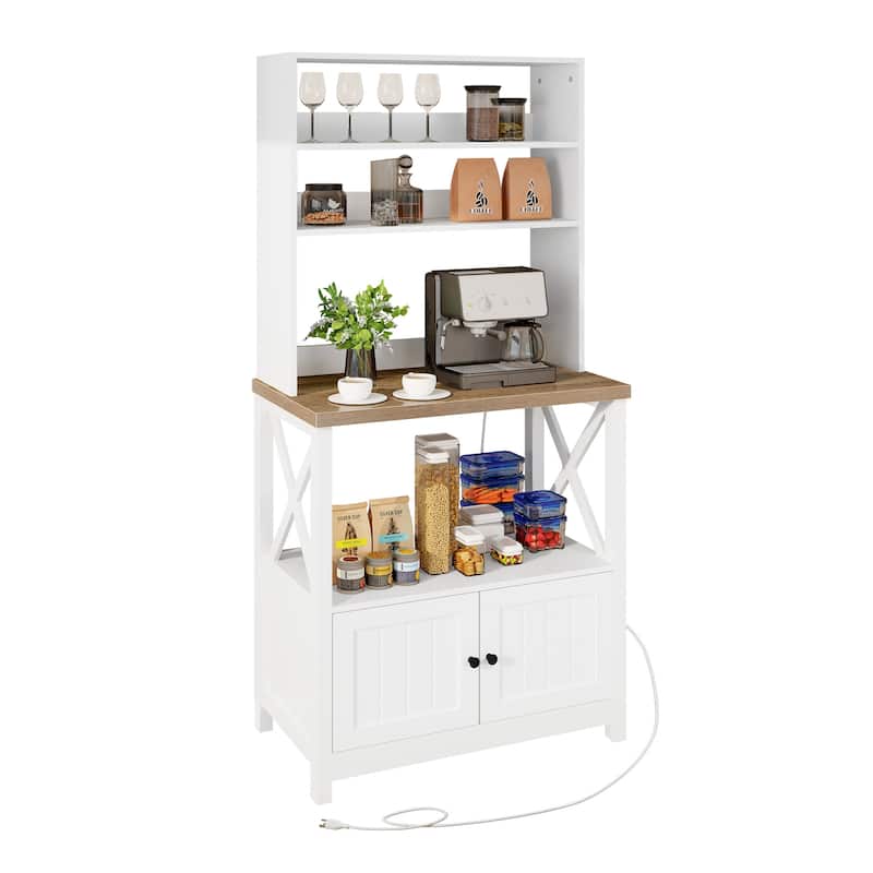 Baker's Rack Coffee Bar Cabinet Microwave Stand Rustic With Power Outlet