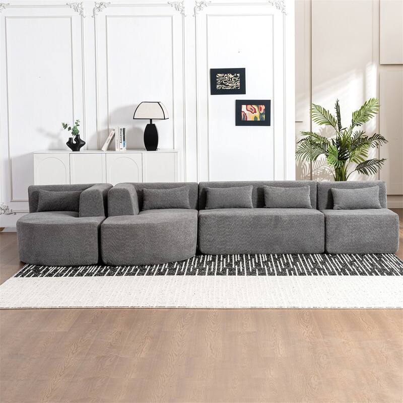 Convertible Sectional Sofa with 2 Curved Chaise Lounges, 143.7" Upholstered Sofa Free-combined Sofa Couch with 5 Back Pillows