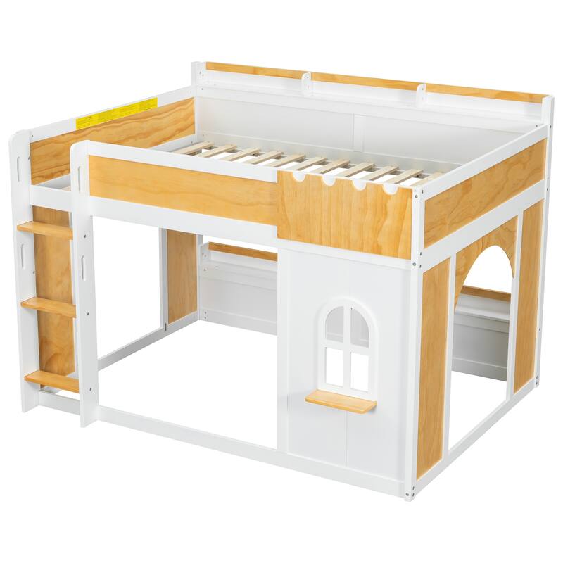 Roomfitters Twin Over Twin/Full Over Full Bunk Bed with Window, Two Doors and Storage Shelves, Natural and White