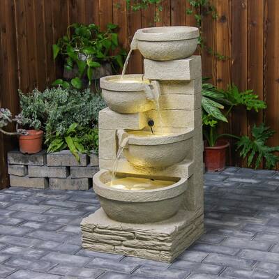 Modern Outdoor Fountain 4 Crocks Cascading Bowls and Stacked Stones Water Fountain Outdoor Indoor Waterfall for Garden Patio