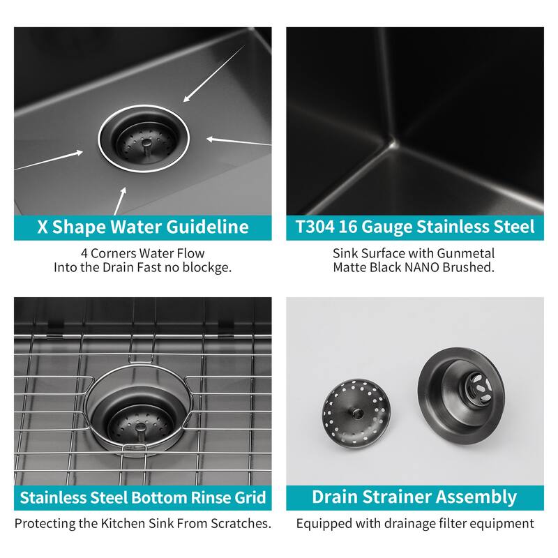 Drop in Kitchen Sink Gunmetal Black Topmount 16 Gauge Deep Single Bowl Stainless Steel Sink Basin - Gunmetal Black