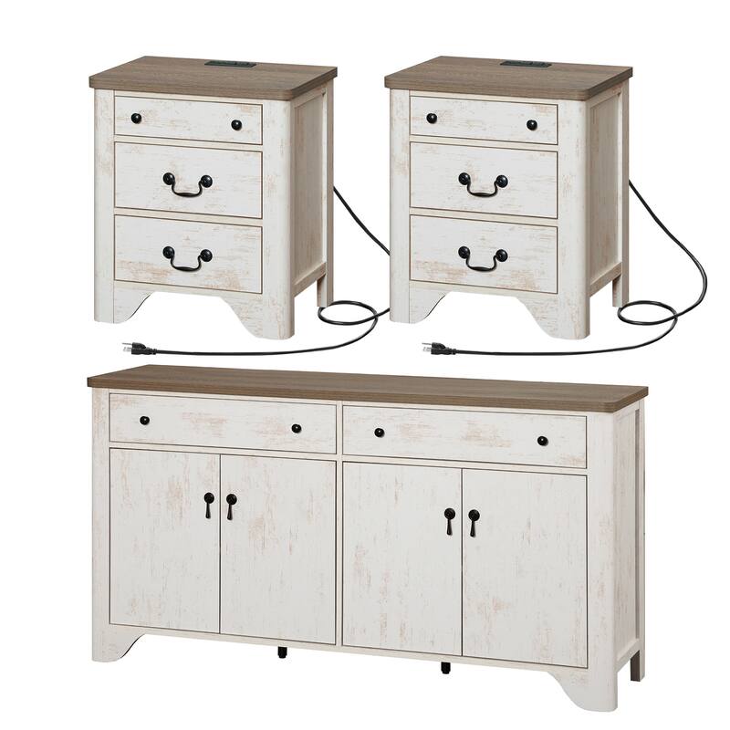 WAMPAT 59" W Large Sideboard Buffet Cabinet,and Nightstands Set of 2 with Charging Station for Living Room,Dining Room - white