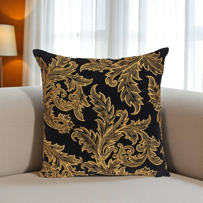 22" Black and Orange Floral Cotton Throw Pillow With Embroidery - Polyester - Single - 22.00 in. x 22.00 in. x 6.00 in. - Pillow Sets - Orange/Black