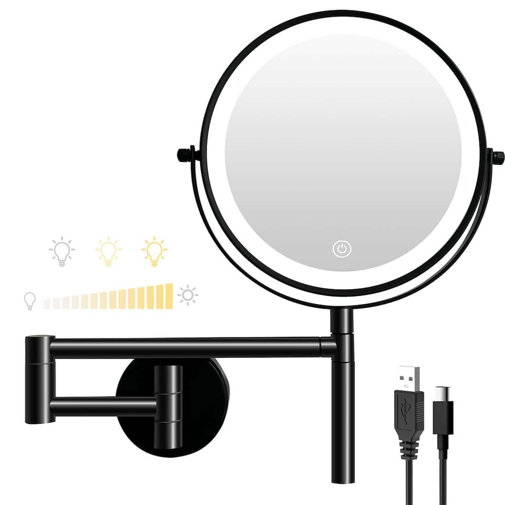 9" Bathroom Mirror LED Wall Mounted Magnifying Lighted Black Makeup Mirror with 3 Color Lights and Touch Screen Dimming