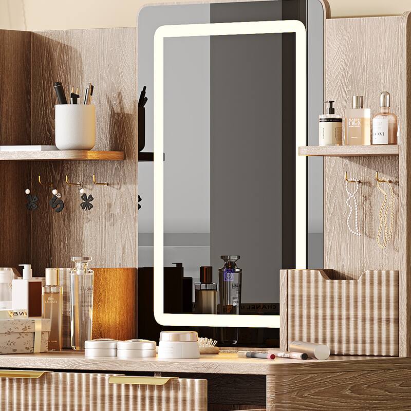 Anmytek 7-Drawer Vanity Desk with LED Mirror & PU Stool - Carved Details & Jewelry Storage for Bedroom