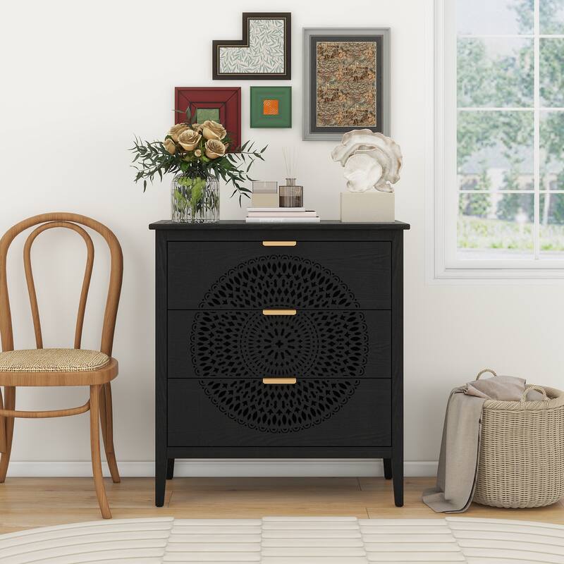 Exquisite 3-Drawer Hollow-Carved Sideboard with Metal Handles for Entryway or Living Room Storage