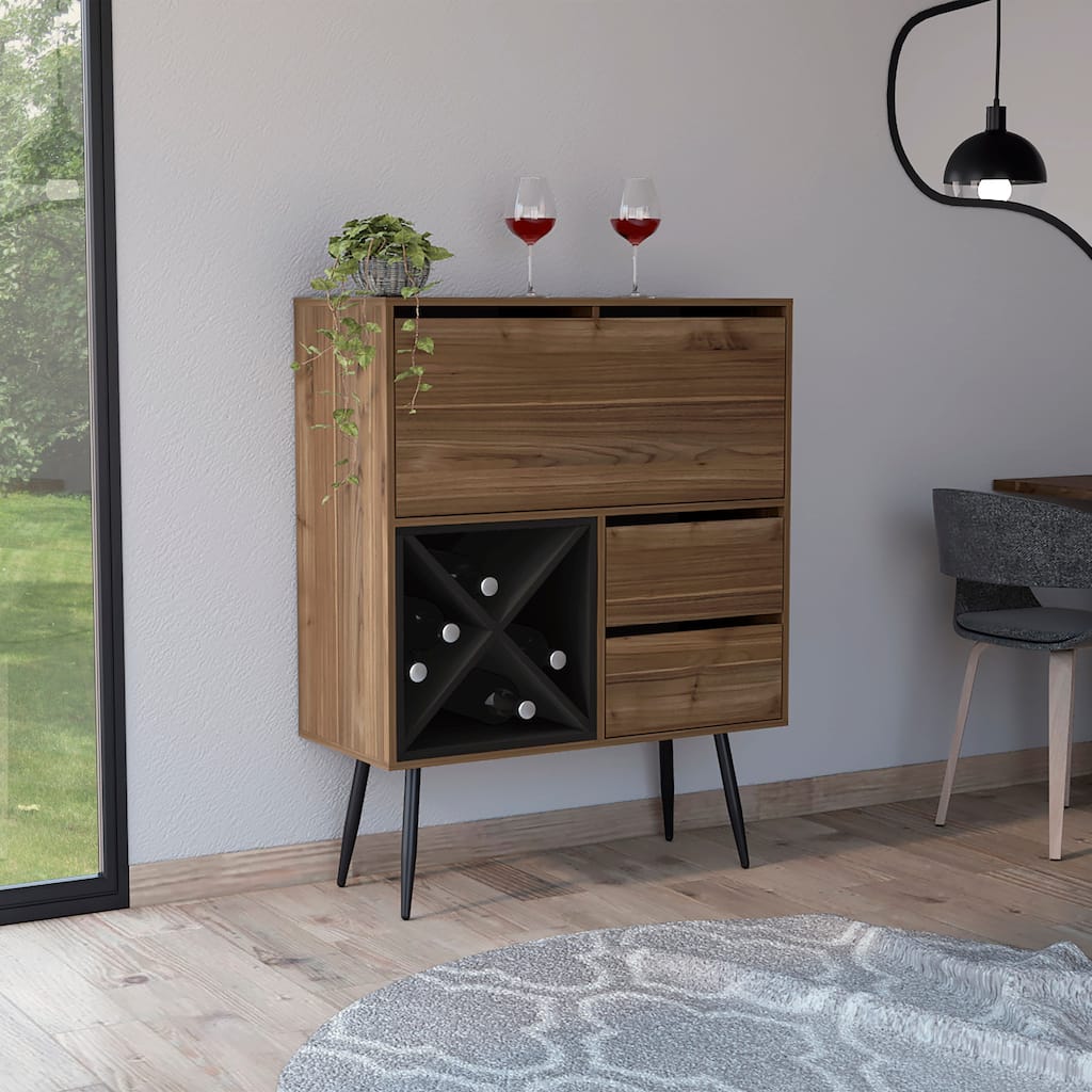 FM Furniture Orchid Bar Cabinet with 2 Drawers, Cabinet, 2 Inner Shelves, and 4 Double Liquor Cubbies