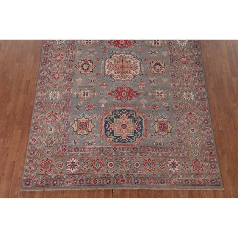 Gray Geometric Kazak Oriental Area Rug Handmade Wool Carpet - 6'8" x 9'8"