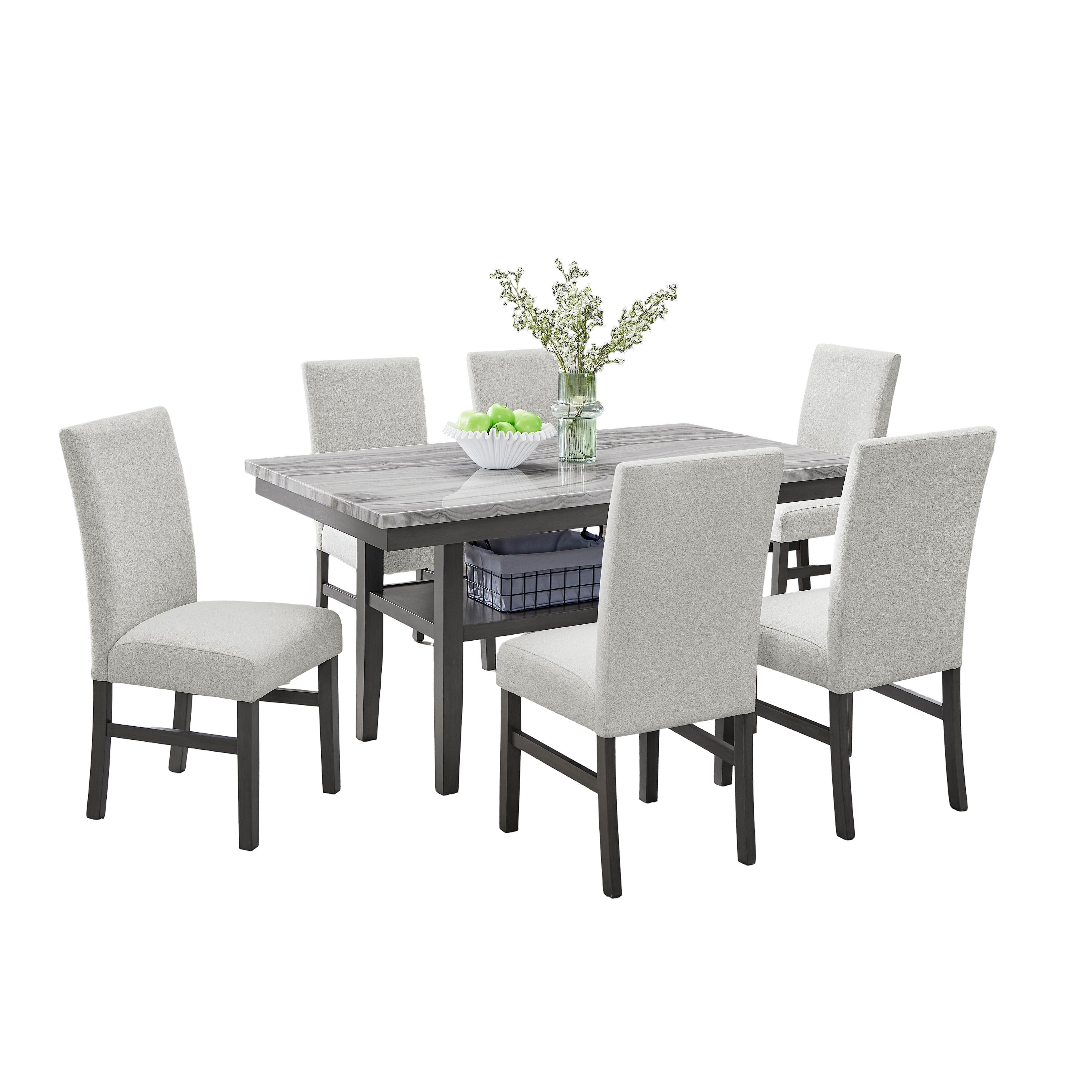 7-Piece Dining Set, 60 Inch Rectangular Faux Marble Table, 6 Upholstered Chairs, Storage Shelf
