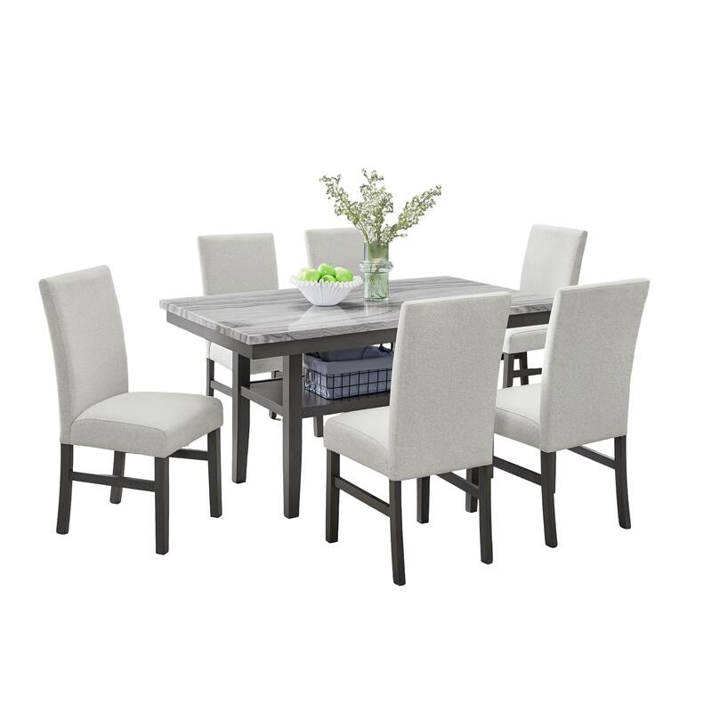 Selena 7-Piece 60" Rectangular Gray Faux Marble Top Dining Set with 6 Upholstered Chairs and Storage Shelf in Gray Finish