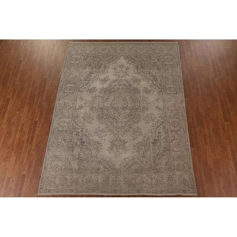 Distressed Tabriz Persian Vintage Beige Rug Hand-knotted Wool Carpet - 8'4" x 10'10"